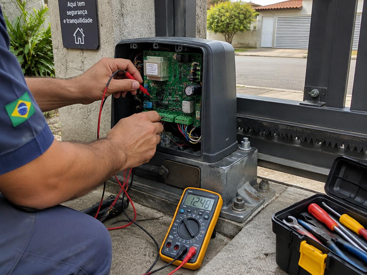 Técnico realizando manutenção na placa do motor de portão